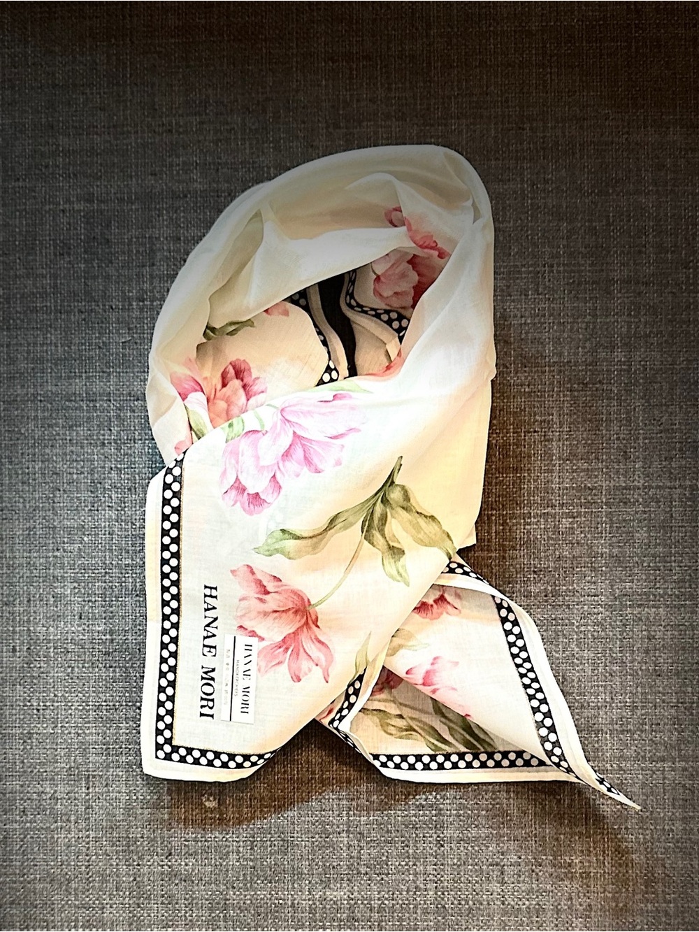 Hanae Mori Cream Floral handkerchief with Black Polka Dot Trim